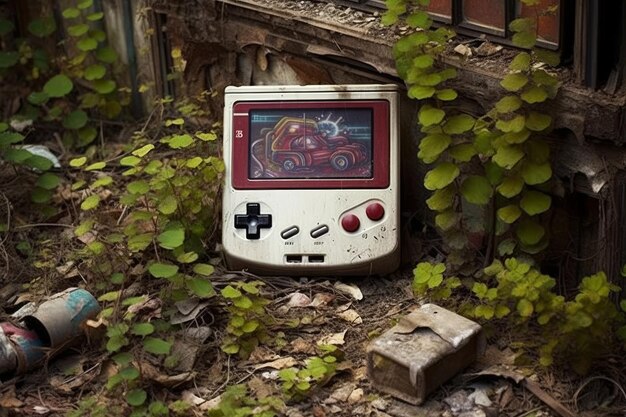 A game console is in the woods and has a red car on it.