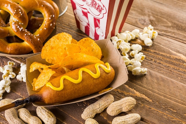 Game day traditional snacks included corndogs and salted peanuts on a wood board.