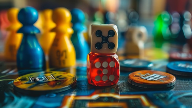 Photo a game of dice is set up with a red die and a blue die