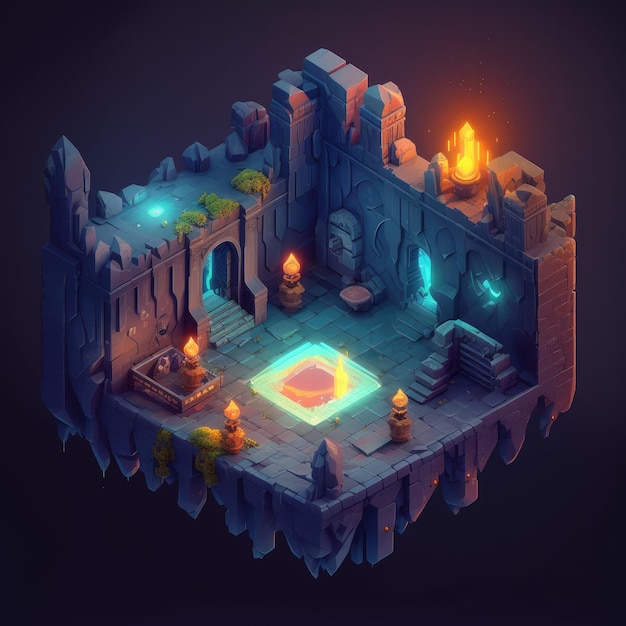 A game of a dungeon with a fire in the middle.