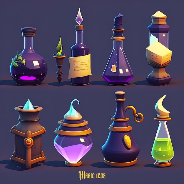 Game icon different types of enchanted potions