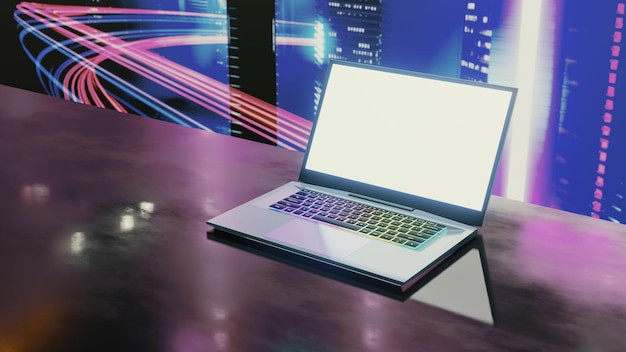 Game Laptop computer with glow color light on black table dark neon background 3D illustration rendering