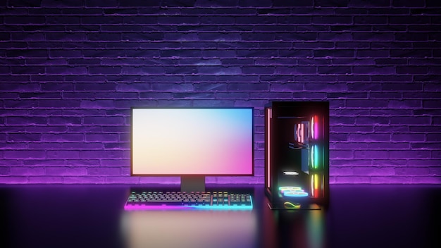 Game room computer desktop with blue purple lights on brick wall Modern PC computer white screen mockup gaming keyboard 3d rendering illustration