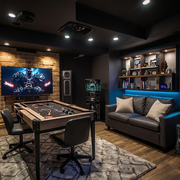 a game room with a large screen that saysthe word quot on it