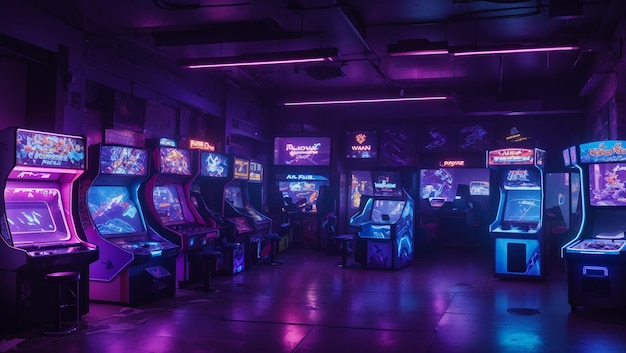 a game room with a purple and blue neon sign that says  chase