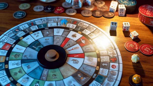 A game table with a number of coins and a game board.