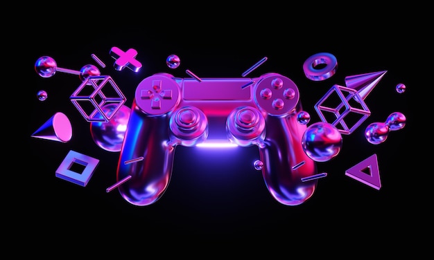 Gamepad with abstract geometric elements on dark background 3d rendering illustration