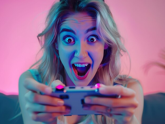 Gamer Delight excited young woman is fully immersed in her gaming experience holding a controller with eyes wide and mouth open in amazement illuminated vibrant neon lights reflecting the intensity