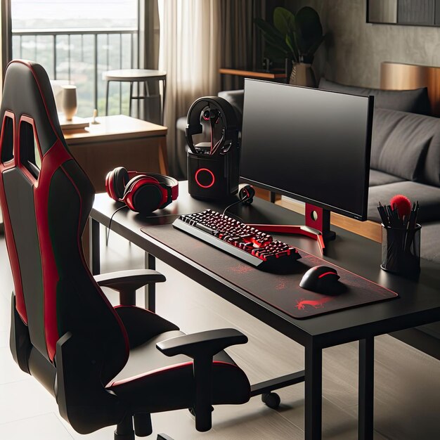 A gamer desk with a sleek black surface and a red metal frame