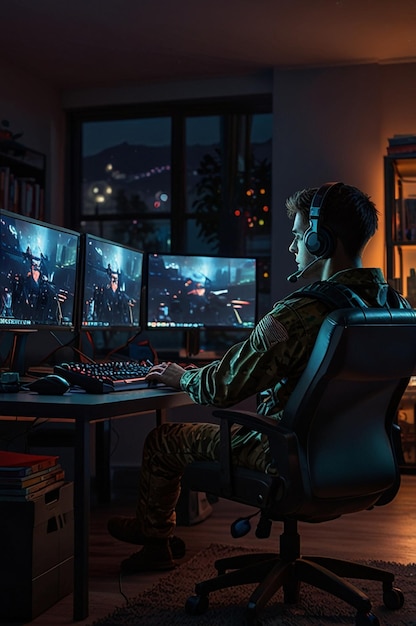 Gamer doing online streaming while playing game on computer at home