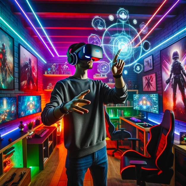 Gamer Engaged in Immersive Virtual Reality Experience in NeonLit Gaming Room