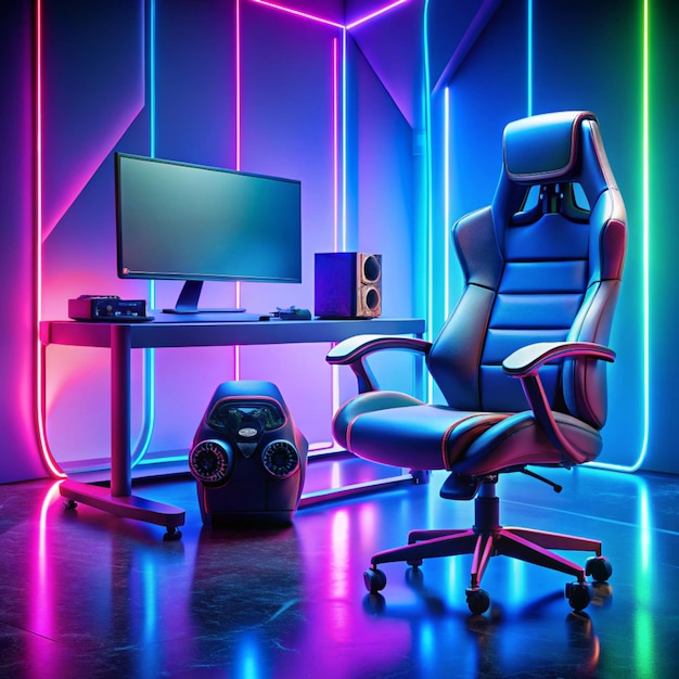 Gamer ergonomic chair with remote controller car wireless VR and entertainment gadget in neon light room