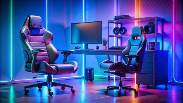 Gamer ergonomic chair with remote controller car wireless VR and entertainment gadget in neon light room