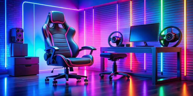 Gamer ergonomic chair with remote controller car wireless VR and entertainment gadget in neon light room