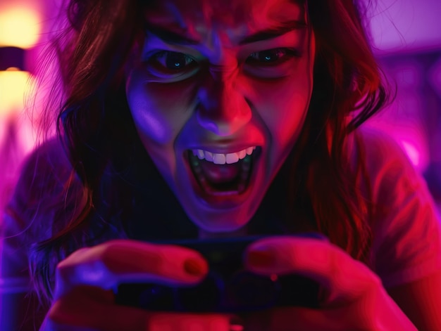 Gamer Intensity A gamer is fully immersed in the thrill of play her intense expression lit by the dynamic glow of neon gaming lights reflecting the passionate spirit of competitive video gaming