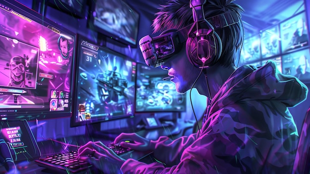 A gamer is sitting in a dark room wearing a virtual reality headset