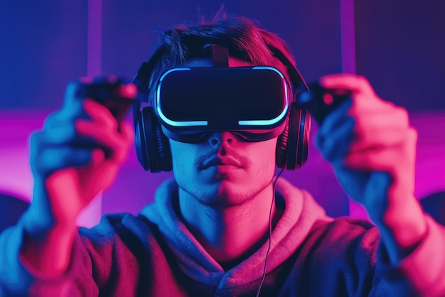 Photo gamer lost in a vivid virtual reality experience