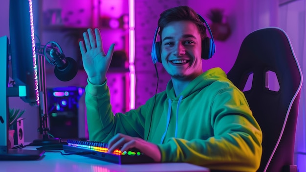 Photo the gamer in neon setup