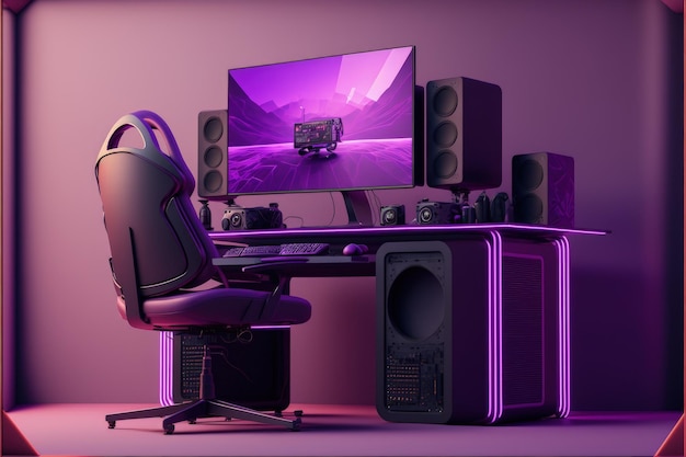 Gamer PC setup with table chair and computer purple background AI