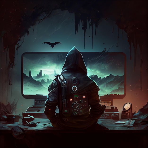 Gamer playing on desktop PC computer gaming illustration