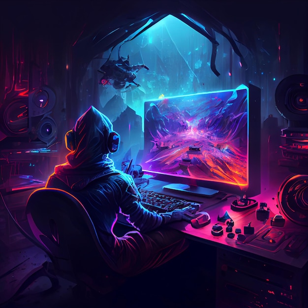 Gamer playing on desktop PC computer gaming illustration