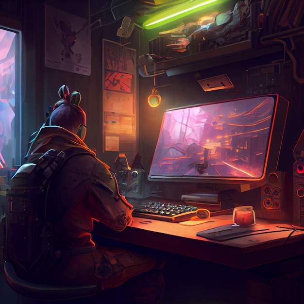 Gamer playing on desktop PC computer gaming illustration