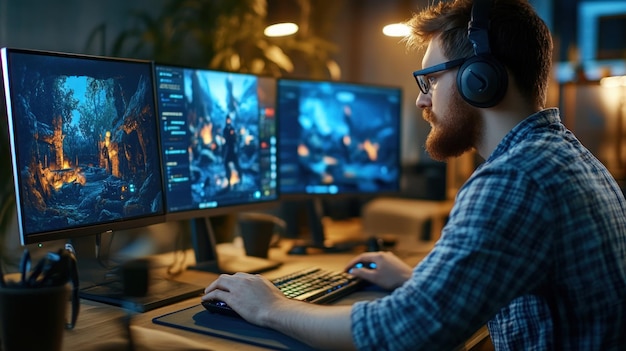 Gamer playing video game on a computer