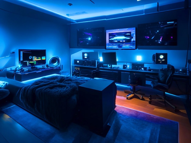 gamer room with a bed at night the ambient lighting from the monitors casting a serene glow