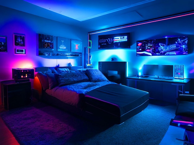 gamer room with a bed at night the ambient lighting from the monitors casting a serene glow