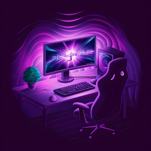 Gamer Room with Neon Desktop Setup Illustration