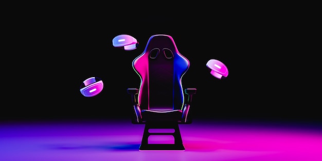 Gamer's chair surrounded and virtual reality goggles 3d render