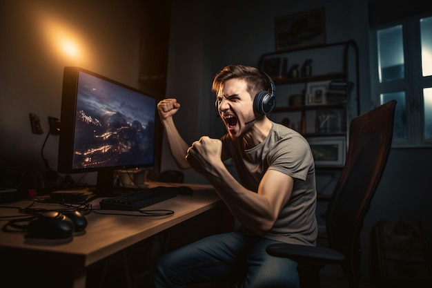 A gamer sitting in front of a computer screen pumping their fists in celebration