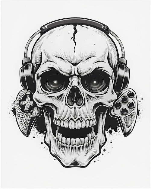 Photo gamer skull in vibrant detail elite headset fiery eyes gripping a sleek game controller