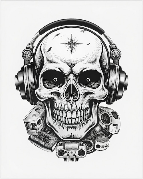 Gamer Skull in vibrant detail elite headset fiery eyes gripping a sleek game controller