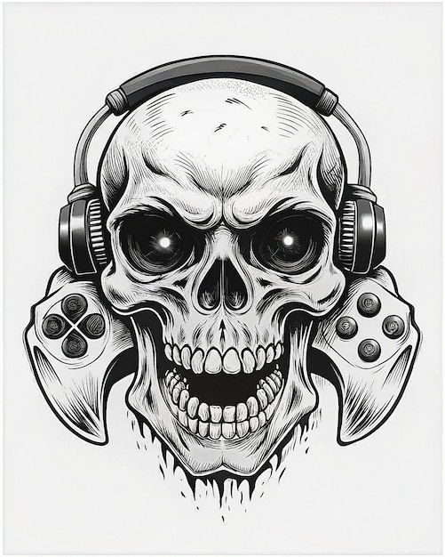 Gamer Skull in vibrant detail elite headset fiery eyes gripping a sleek game controller