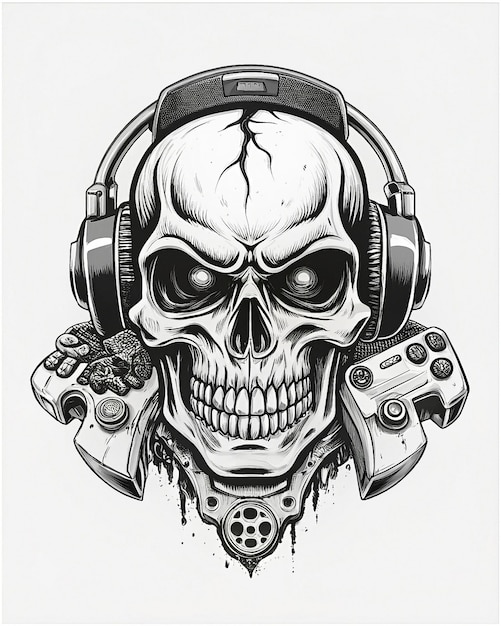 Gamer Skull in vibrant detail elite headset fiery eyes gripping a sleek game controller