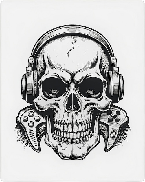 Gamer Skull with dynamic colors immersive headset piercing stare holding a gaming pad