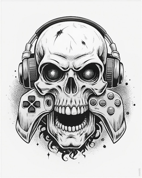 Gamer Skull with dynamic colors immersive headset piercing stare holding a gaming pad