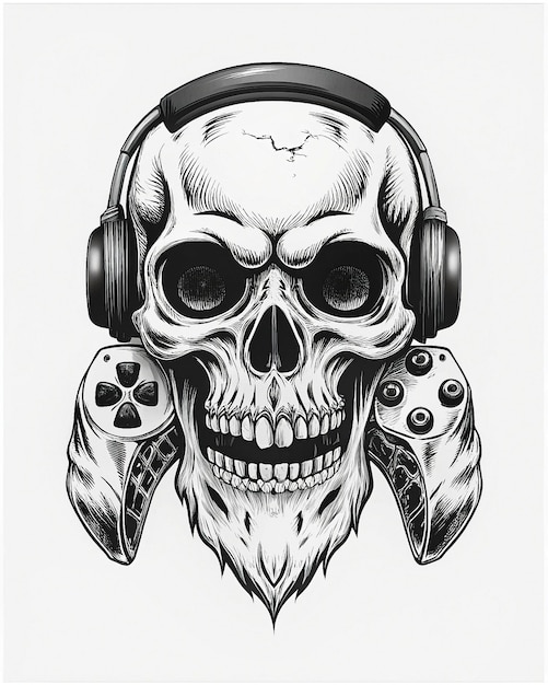 Photo gamer skull with vivid detail premium headphones fierce eyes firmly grasping a controller