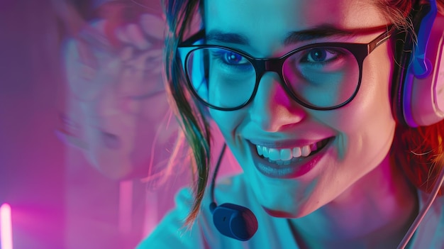 A gamer smiles brightly immersed in a game with colorful neon lights and reflections making the scene vivid and lively