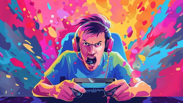 Photo a gamer with headphones on shouts in excitement while playing a video game