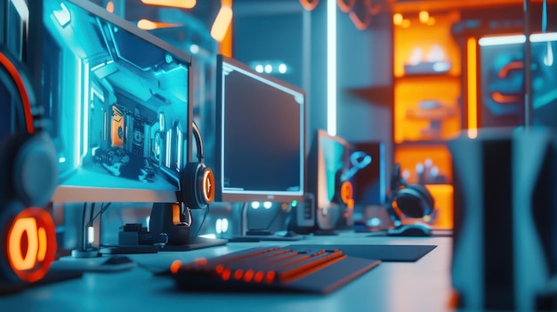 Photo gamers desk with neon lights and gaming setup