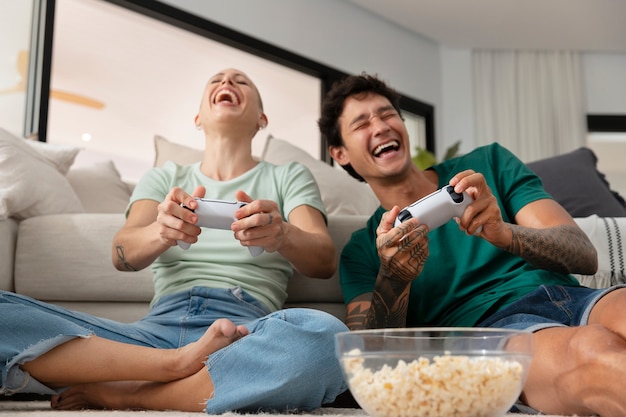 Gamers having fun while playing videogames