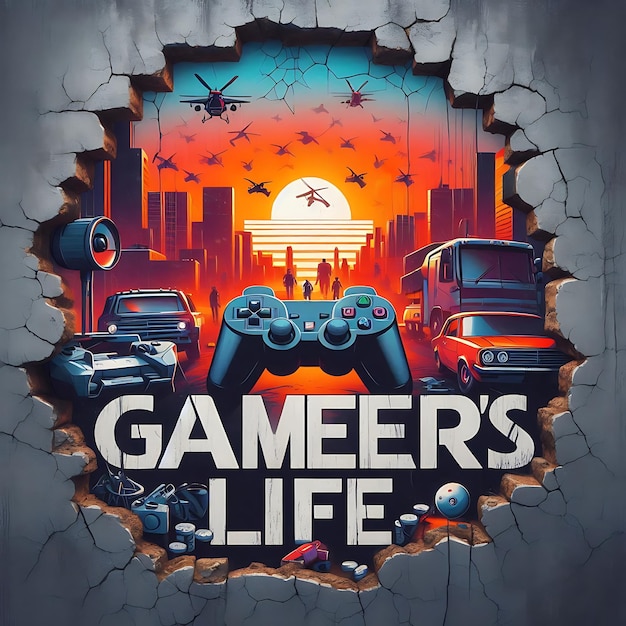 Photo gamers life text with game icon and cracked wall ai generated