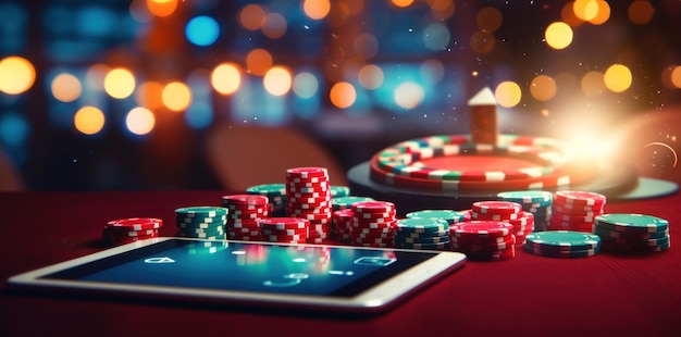 Gaming Chips Pile Poker Chips Stacked Gambling concept Bokeh BackgroundGenerative AI