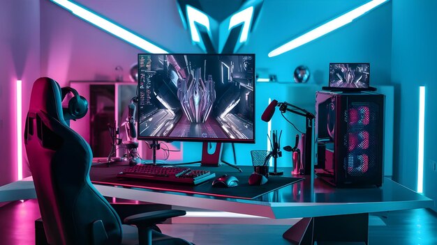 Photo gaming computer setup with neon lights gamer room aesthetic