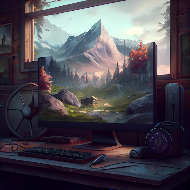 Gaming desktop PC computer setup gamer illustration