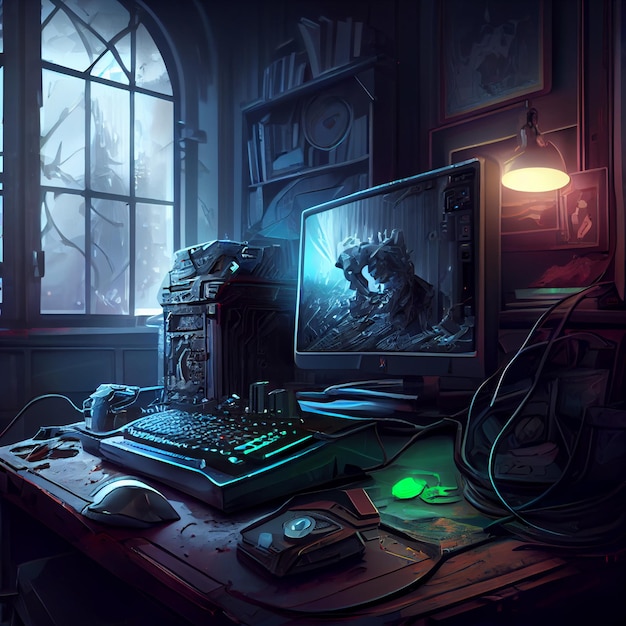 Gaming desktop PC computer setup gamer illustration