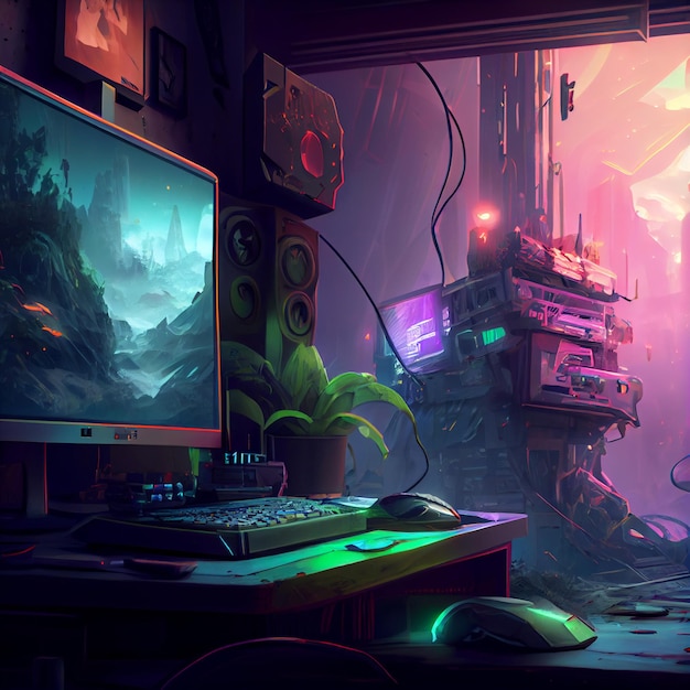 Gaming desktop PC computer setup gamer illustration