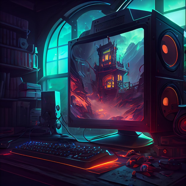 Gaming desktop PC computer setup gamer illustration